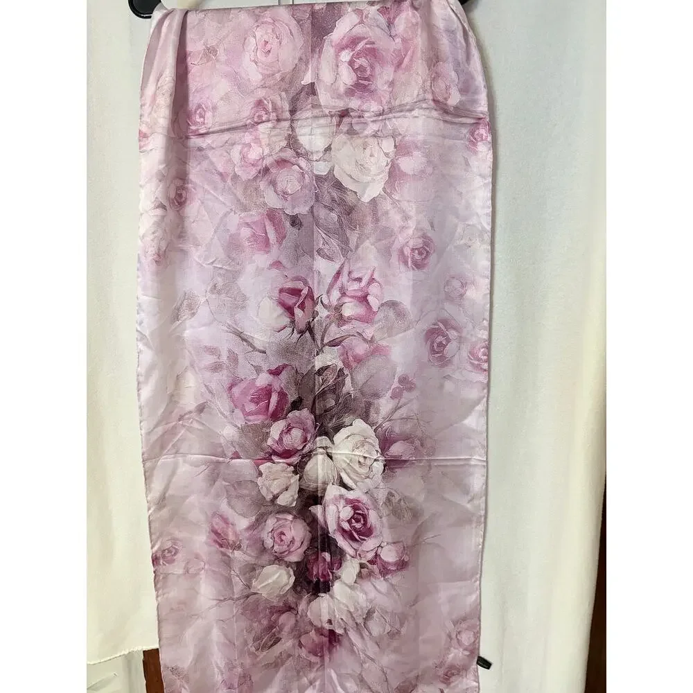 VTG 100% Silk Painterly Floral Bouquet Scarf Pink & White Roses Long Wrap